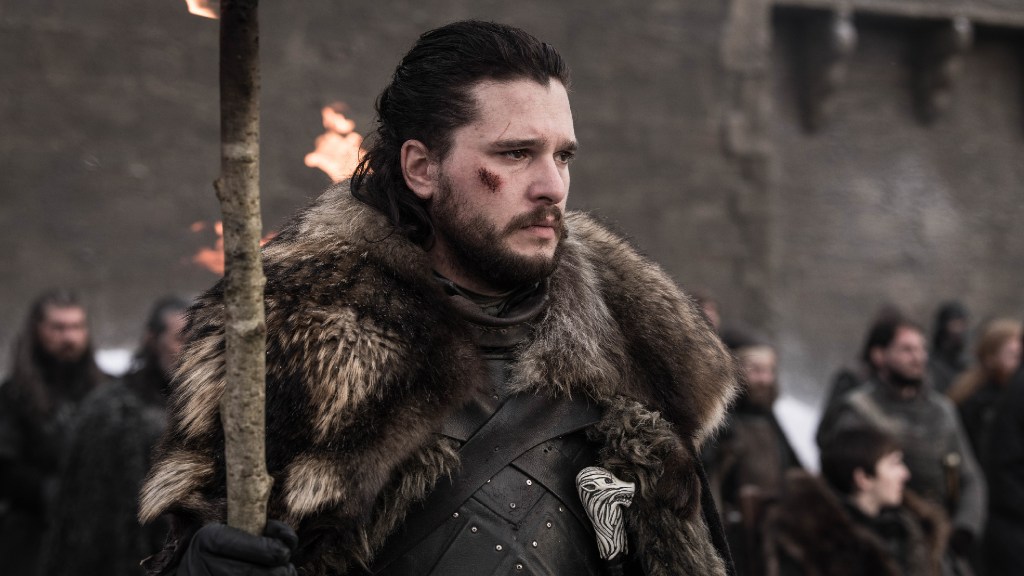 Jon Snow looking tired after a battle in Game of Thrones season 8