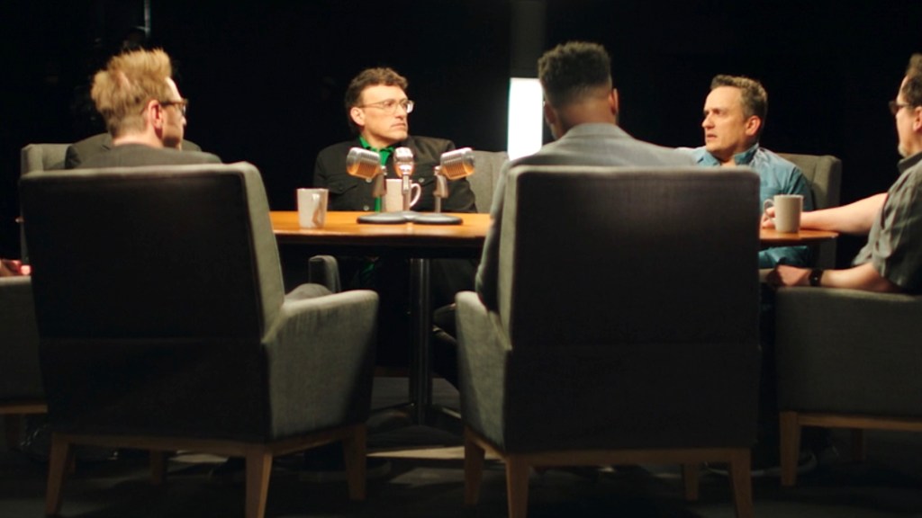 James Gunn, Joe Russo, Anthony Russo, Ryan Coogler, and Jon Favreau sitting at a table in chairs