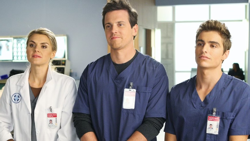 Three doctors stood side by side in Scrubs season 9