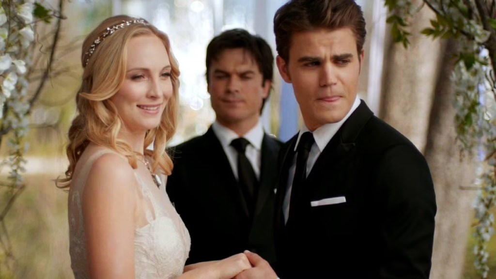 Stefan getting at a wedding in the final season of The Vampire Diaries