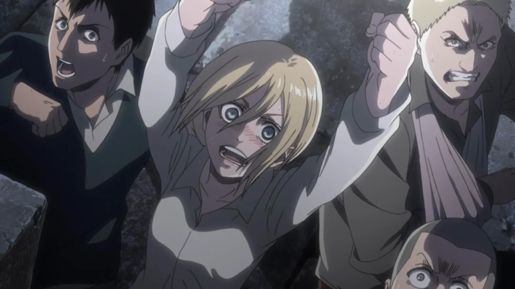 Christa, Connie, Bertholdt and Reiner in Attack on Titan