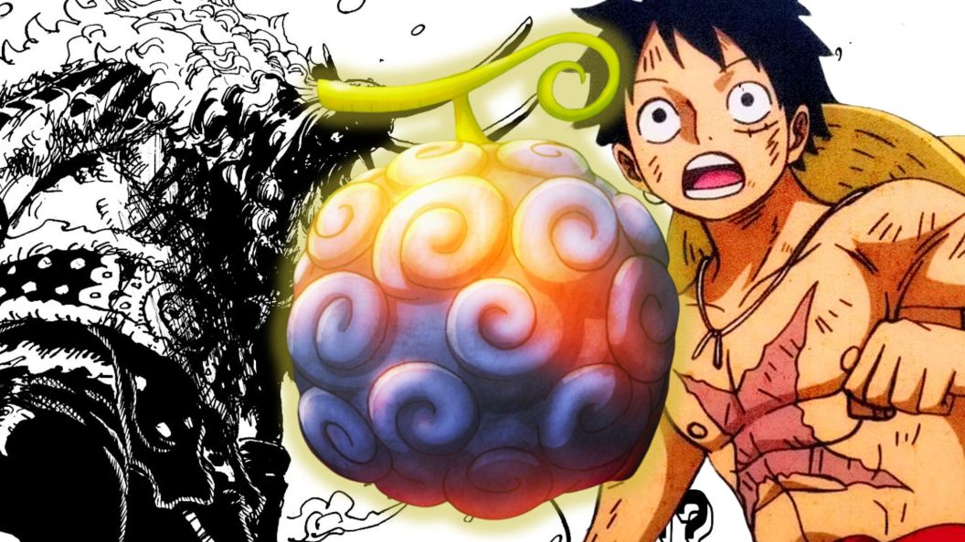 Luffy and Loki in bg with Devil Fruit in front