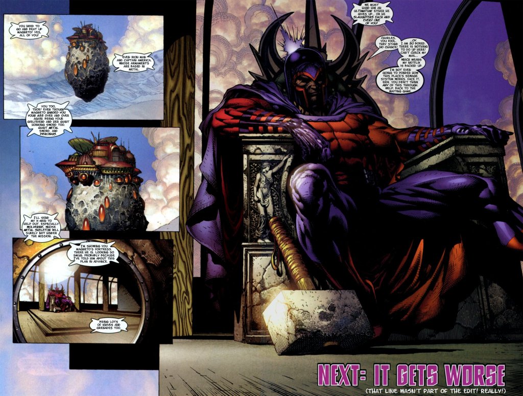 Magneto sitting in his base on a throne in Ultimatum
