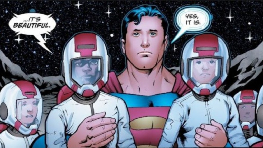 Superman with some kins in space suits on the moon