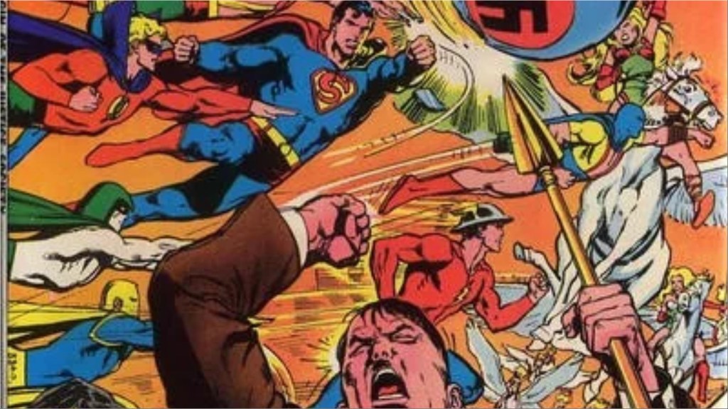 Hilter holding the Spear of Destiny while th Justice Society deals ith a Nazi atomic bomb and a group of Valkyries