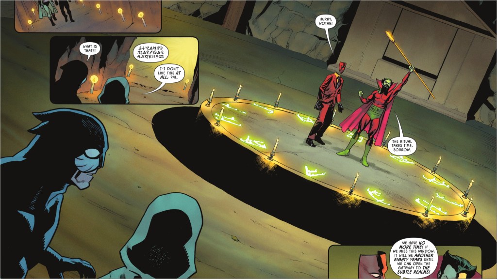 Wotan and Johnny Sorrow use the Spear of Destiny while Wildcat and Hourman look on
