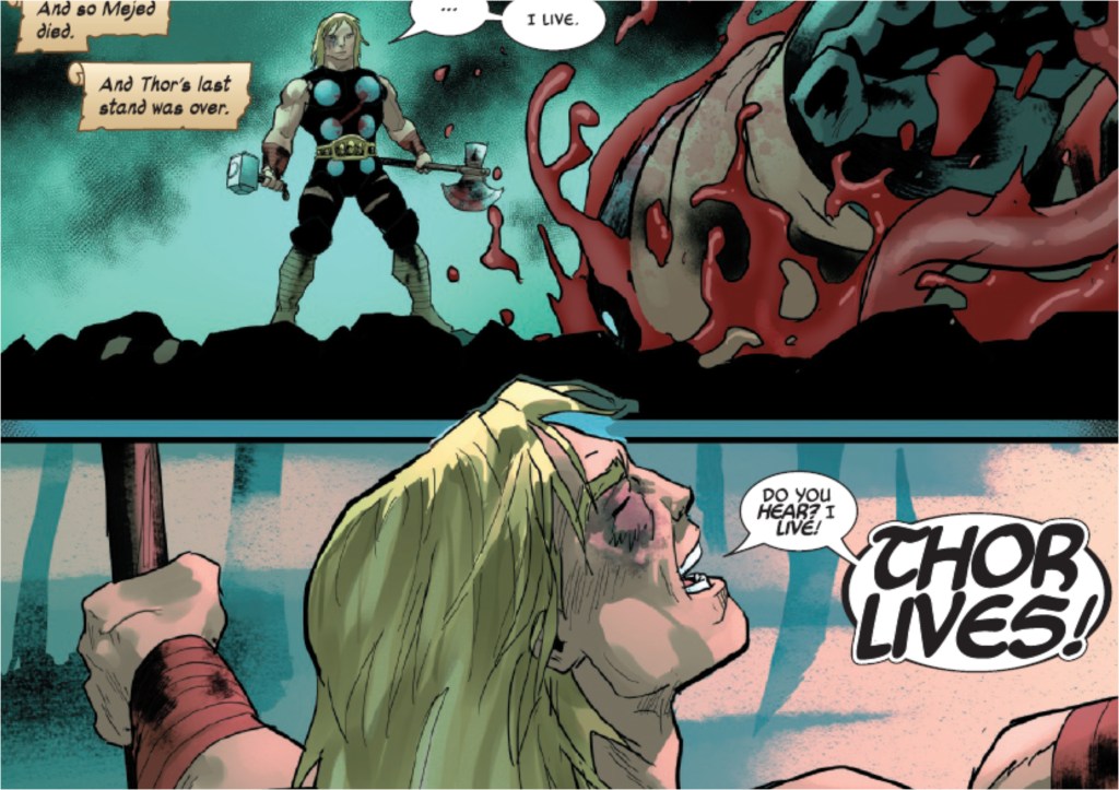 Thor watches the body of Mejed fall and then exclaims that he lives