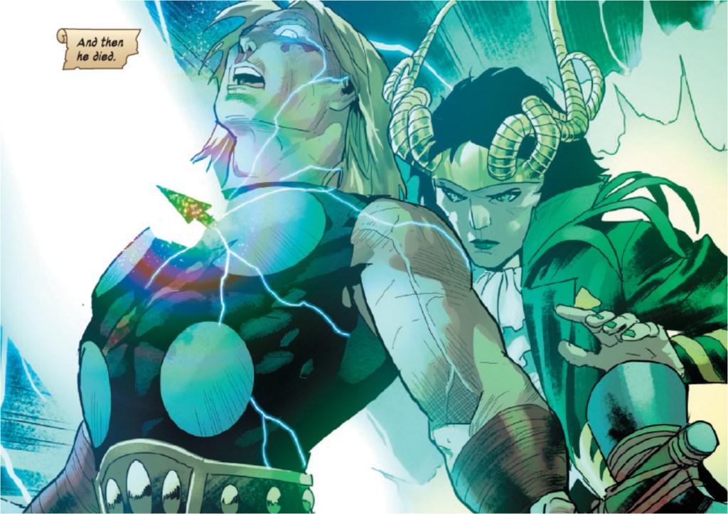 Loki stabbing Thor in the chest with the Arrow of Eternity