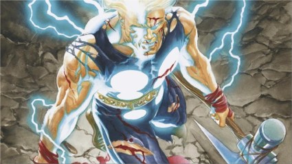 A beaten Thor holding his ax and Mjolnir, lightning leaking out of him