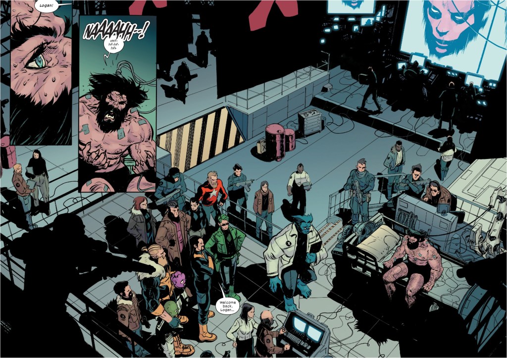 Ultimate Wolverine awakening in the Opposition's base, with Forge, Beast, Sabretoth, Artie, Leech, and Abigail Brand watching him