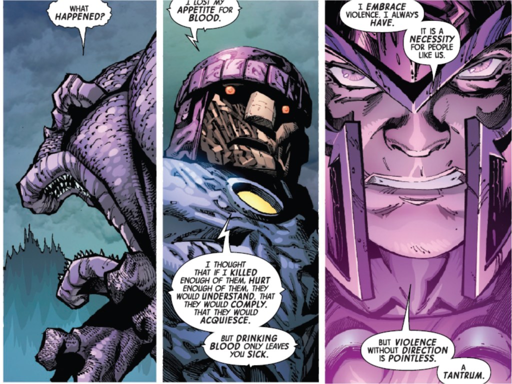 Magneto and the kaiju X-Men discussing violence