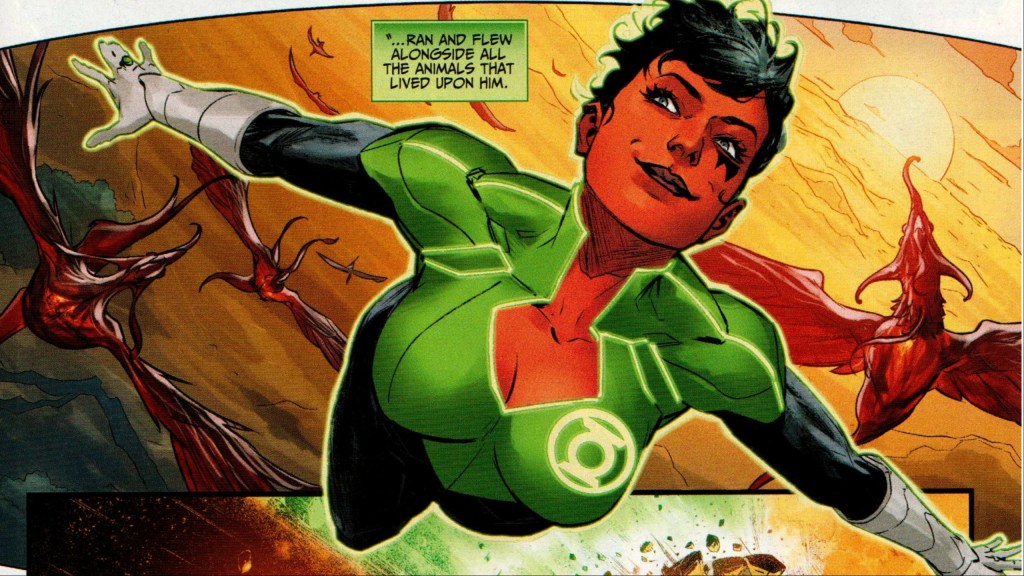 Soranik Yatu flying through space with alien avians behind her