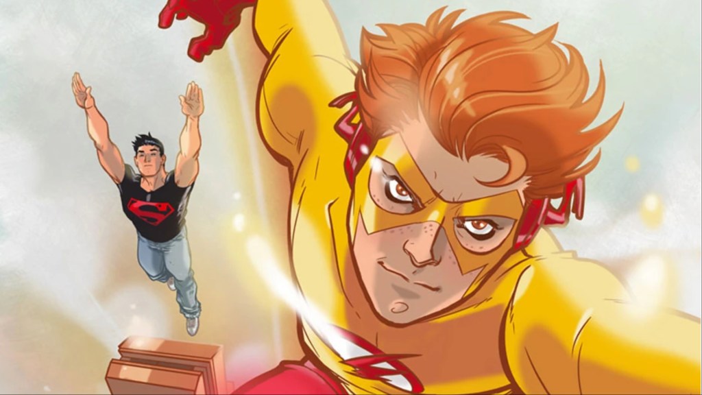 Bart Allen as Kid Flash running, with Superboy flying in the background