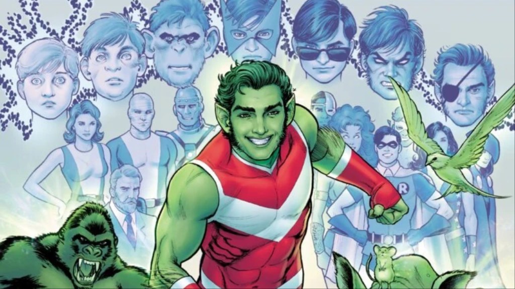 Beast Boy in front of silhouettes of the Doom Patrol, the New Teen Titans, and his face over the years
