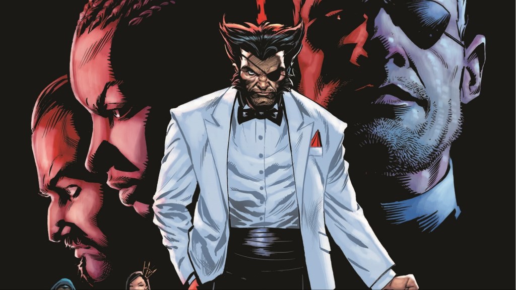 Wolverine as Patch in his signature white tux, with General Coy, Tyger Tyger, and Nick Fury's heads behind him