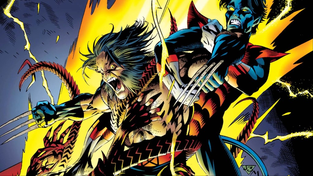 Nightcrawler trying to pull Wolverine out of a portal as demons try to pull him in