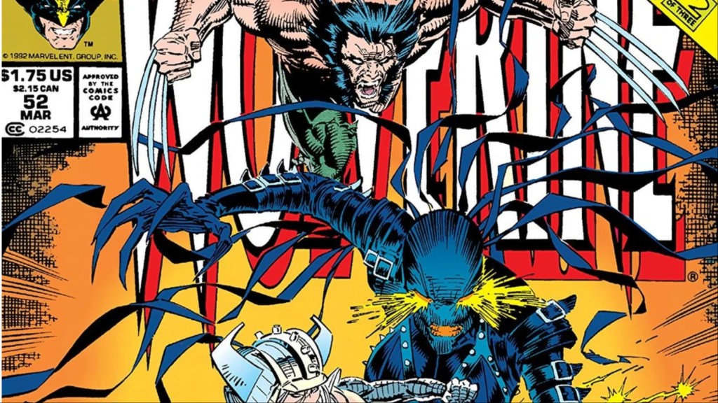 Wolverine and Spiral fighting against a leather clad wraith