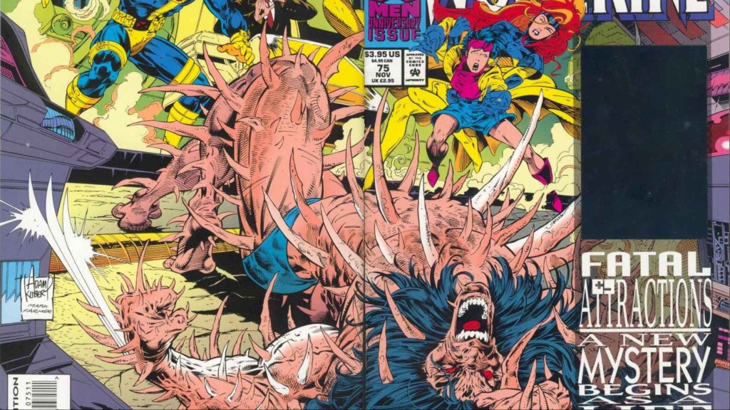 Wolverine with spikes coming out of his skin, with Jubilee and Jean Grey calling to him