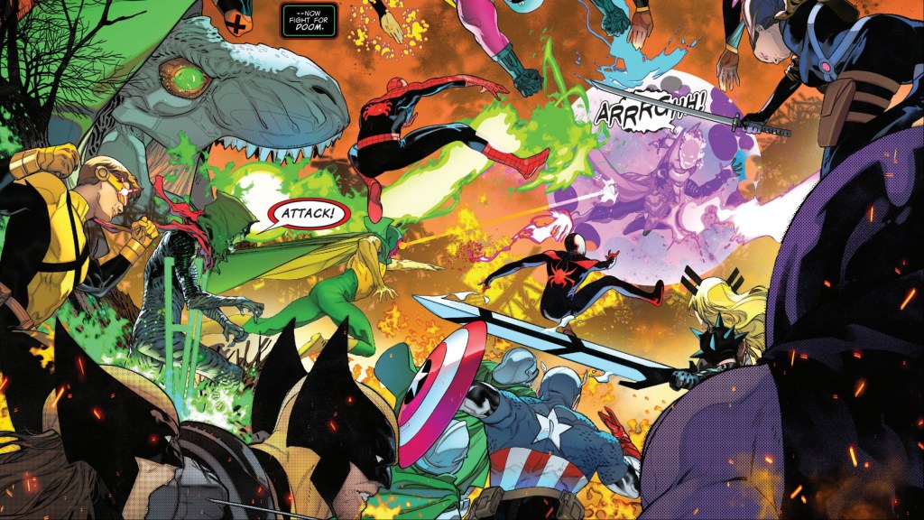 The X-Men, the Avengers, and the Fantastic Four working with Doctor Doom to attack Dormammu