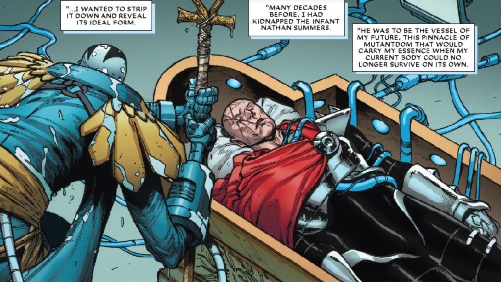 An ancient Apocalypse hunching over a sarcophagus with Stryfe in it