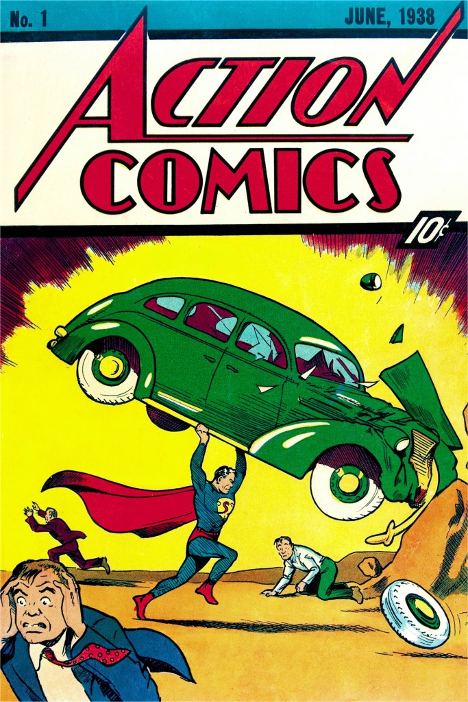 Superman smashing a car into a wall while people run away
