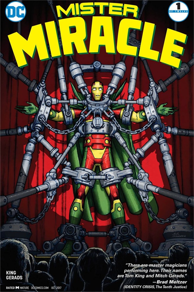 Mister Miracle onstage in a massive trap