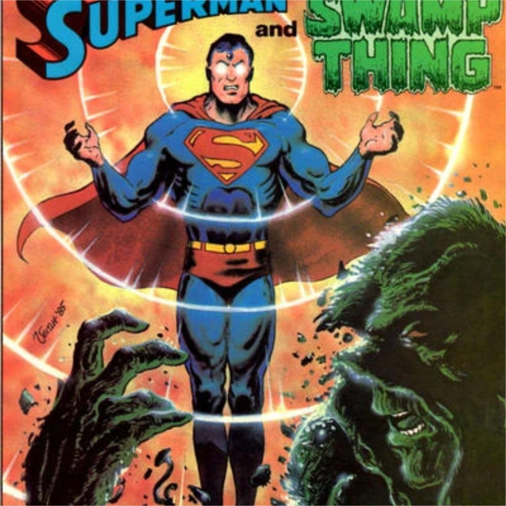 Superman blasting concentric waves of energy at Swamp Thing