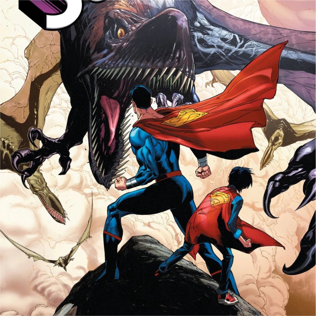 Superman and Jon Kent standing their ground against dinosaurs