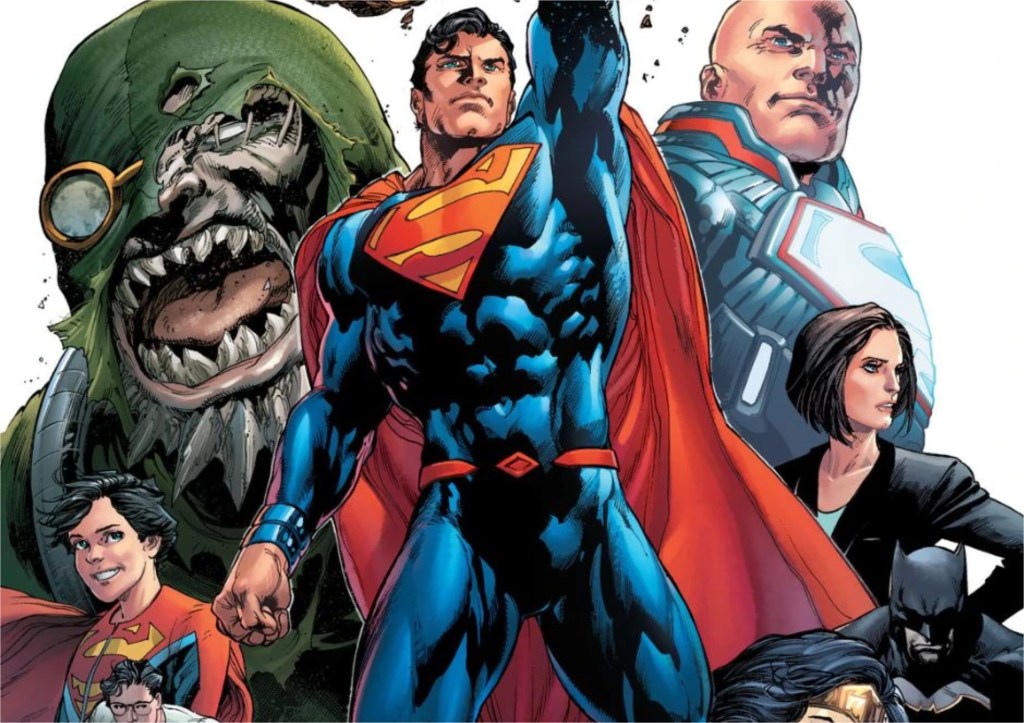 Superman standing in front of Doomsday, Lex Luthor as Superman, Lois Lane, Jon, and Batman