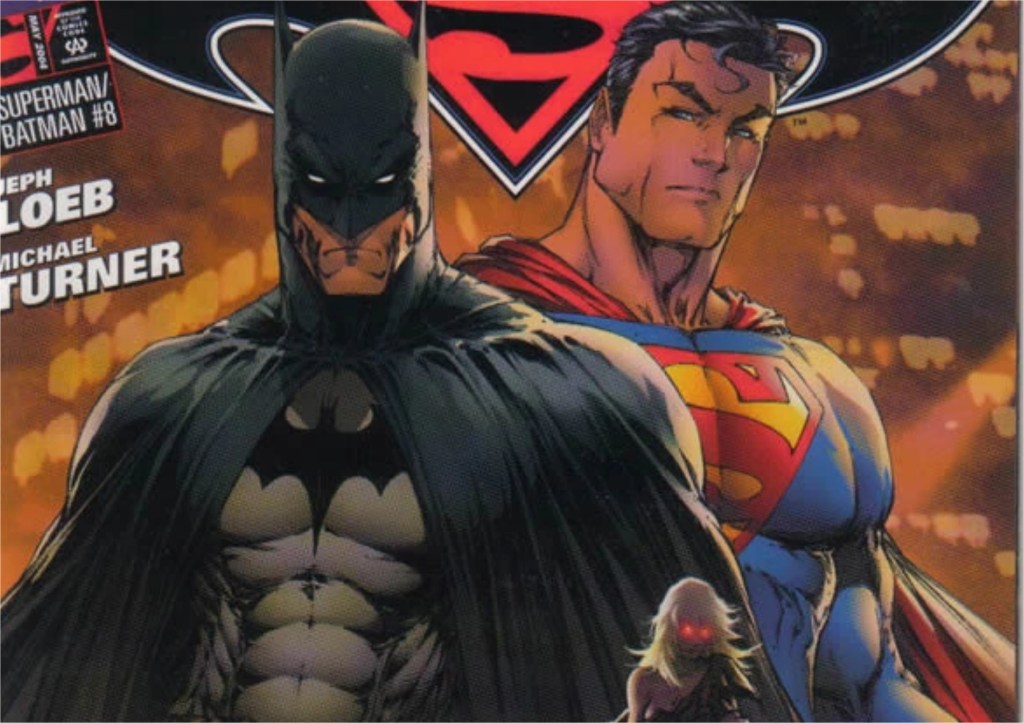 Batman standing next ti Supeerman, with a mysterious blonde with red eyes under them