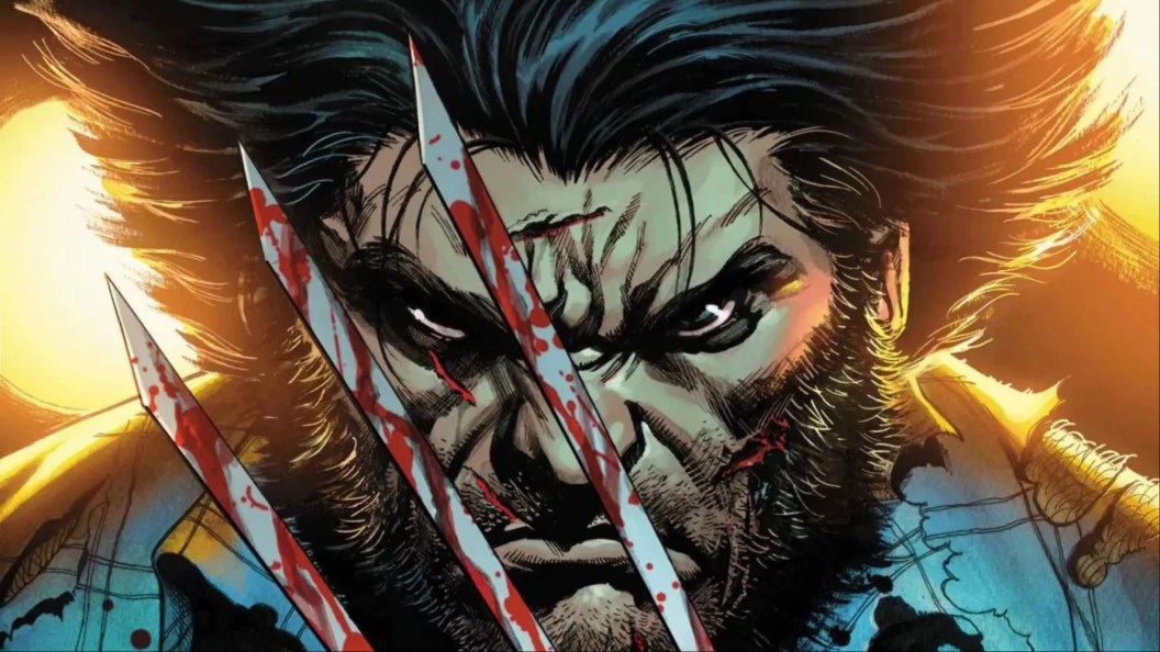 Wolverine staring anrgily holding up his bloody claws