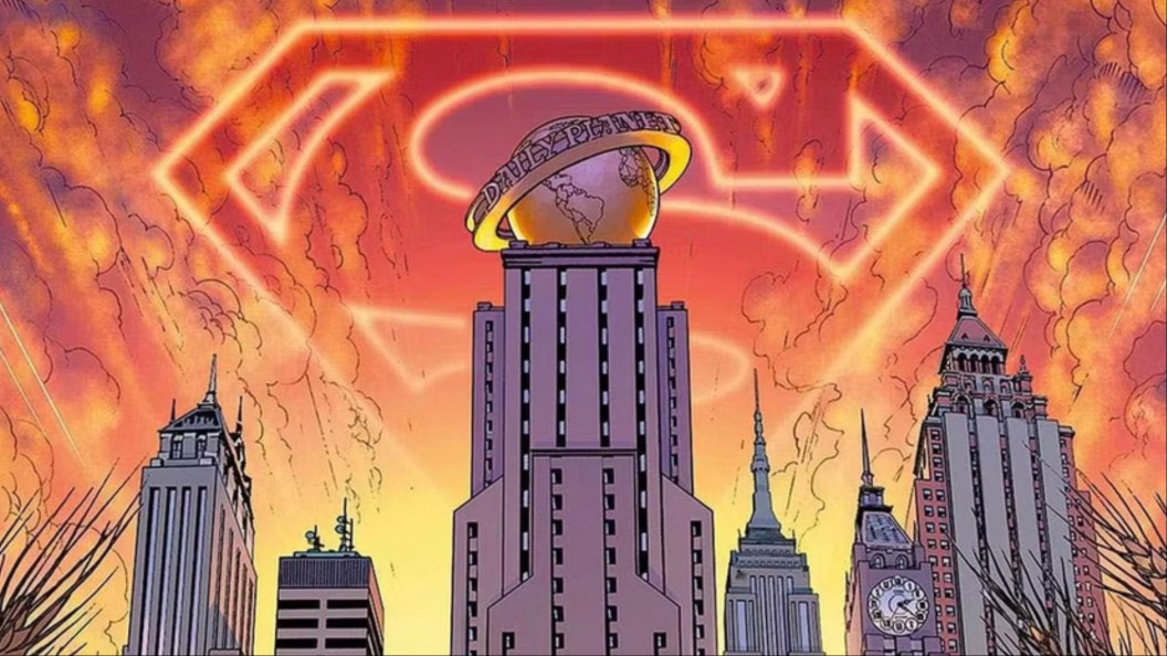 The Daily Planet with a massive Superman shield behind it