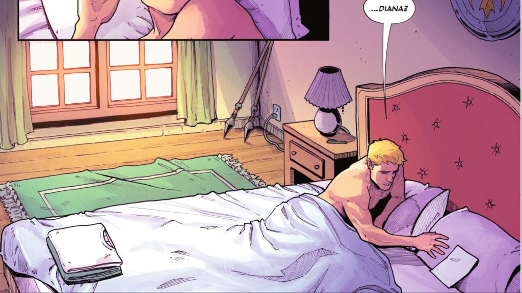 Steve Trevor in an empty bed with a note from Wonder Woman
