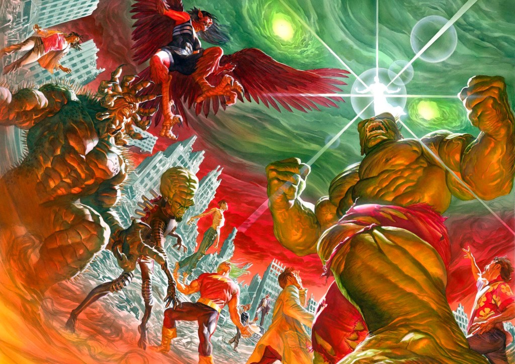 Hulk, Bruce Banner, Joe FIxit, the Leader, the Abomination, Doc Samson, and Red Harpy in a ruined city, with a glowing green sky