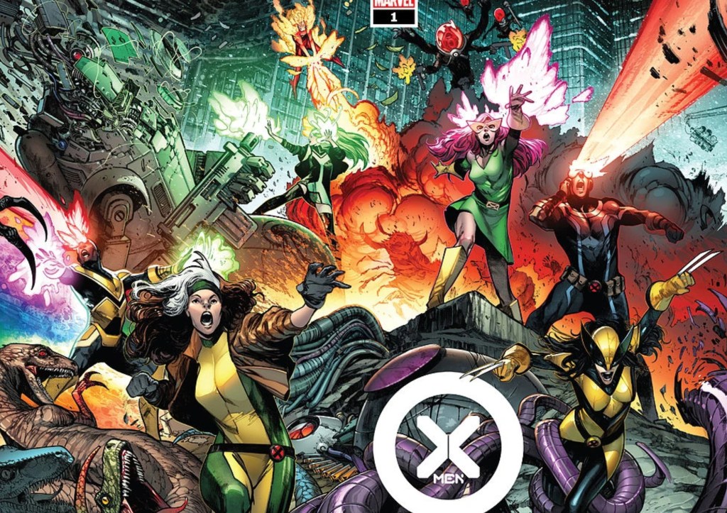 Cyclops, Jean Grey, Wolverine II, Sunfire, Rogue, and Polaris battle aliens and dinosaurs