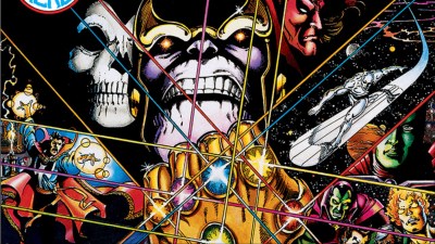 Thanos with the Infinity Gauntlet with Mistress Death, Mephisto, Doctor Strange, Silver Surfer, Drax, and Firelord from the cover of Infinity Gauntlet