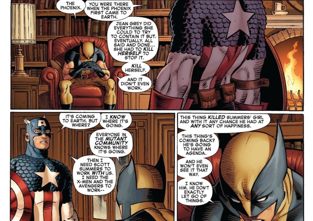 Captain America and Wolverine talking about the Phoenix Force and Cyclops from Avengers Vs X-Men #1