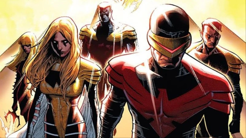 Magik, Emma Frost, Colossus, Cyclops, and Namor as the Phoenix Five, striding forward