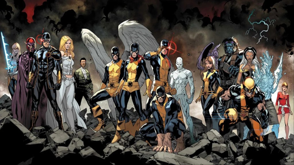 Magik, Magneto, Cyclops, Emma Frost, Angel, Jean Grey, Cyclops, Iceman, Beast Wolverine, Iceman, Kitty Pryde, and Storm standing together on rocky ground