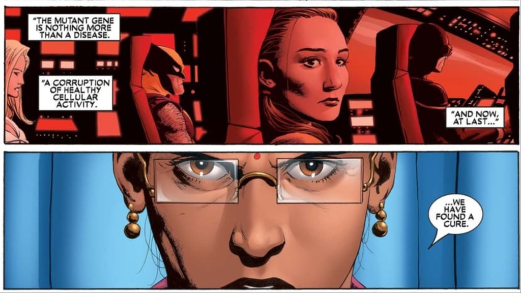 The X-Men flying in the Blackbird as Dr. Kavita Rao announces she created a mutant cure