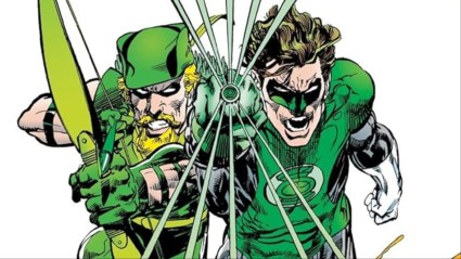 Green Arrow with an arrow knocked and Green Lantern with his ring lit next to each other and ready for battle