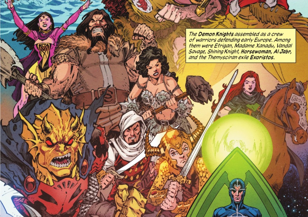 The Demon Knights hanging out together with Metron below them