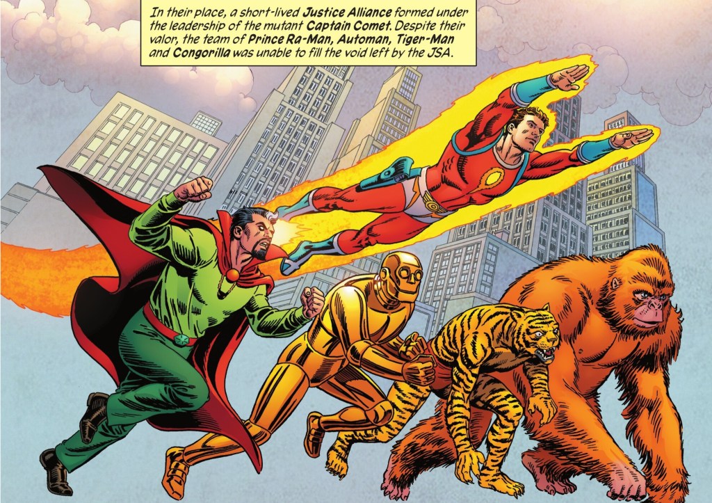 Captain Comet leading the Justice Alliance - Prince Ra-Man, Automan, Tiger Man, and Congorilla