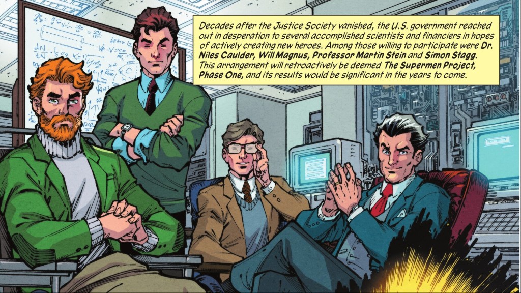 Niles Caulder, Will Magnus, Martin Stein, and Simon Stagg sitting together in a labora