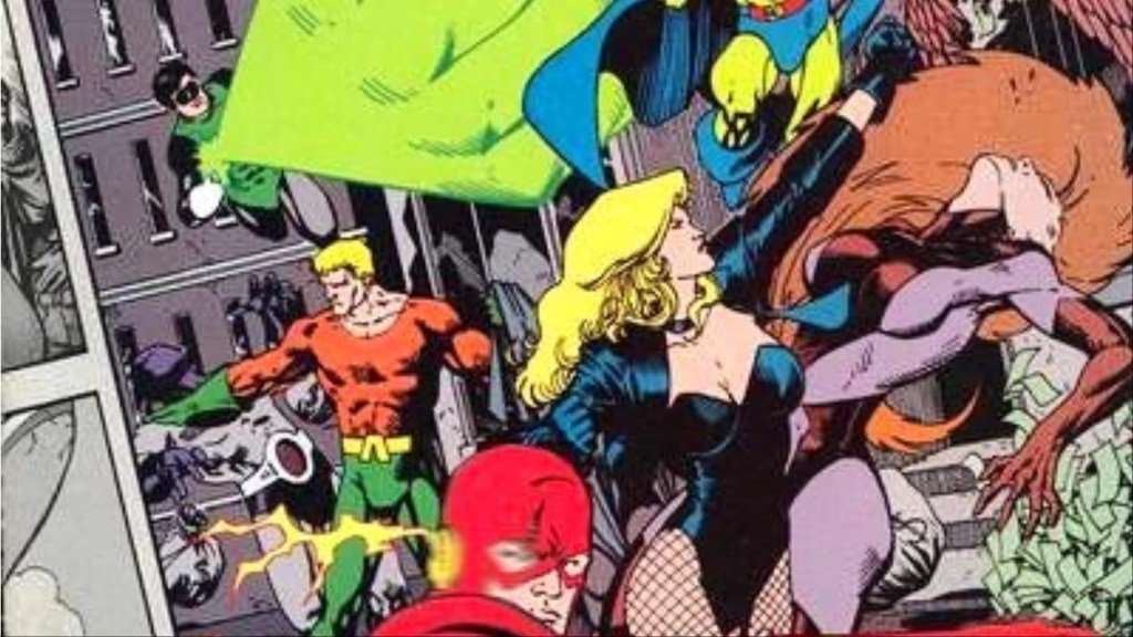 Aquaman, Black Canary, Hal Jordan, Barry Allen, and Martian Manhunter fighting villains on the cover of a newspaper