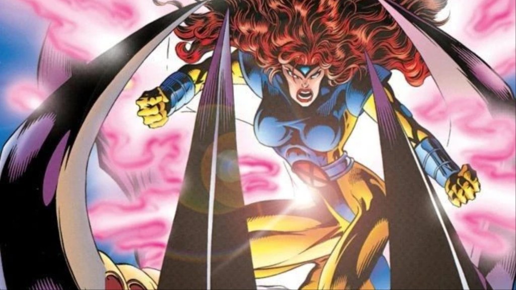Jean Grey exploding with telekinetic energy while being held by Onslaught