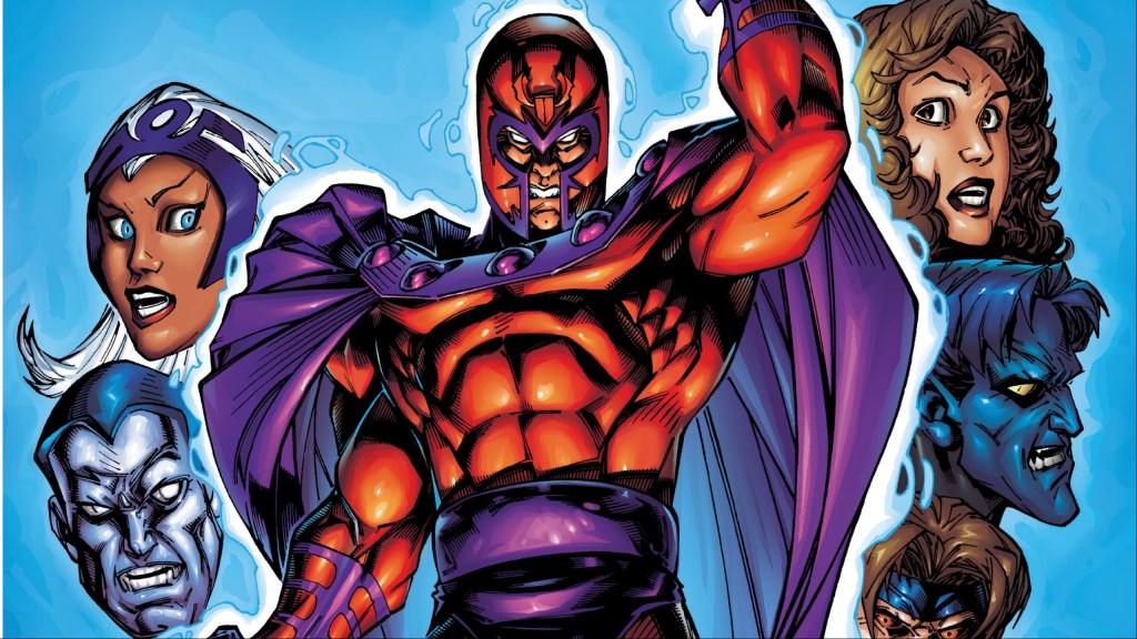 Magneto surrounded by the dismayed heads of Storm, Colossus, Kitty Pryde, Nightcrawler, and Gambit