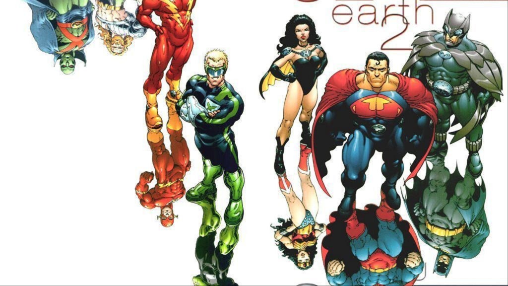 Owlman, Ultraman, Superfrau, Power Ring, Johnny Quick, mit Batman, Superman, Wonder Woman, Kyle Rayner und Wally West als Reflexionen, mit Mars Manhunter und Aquaman im hinteren Boden