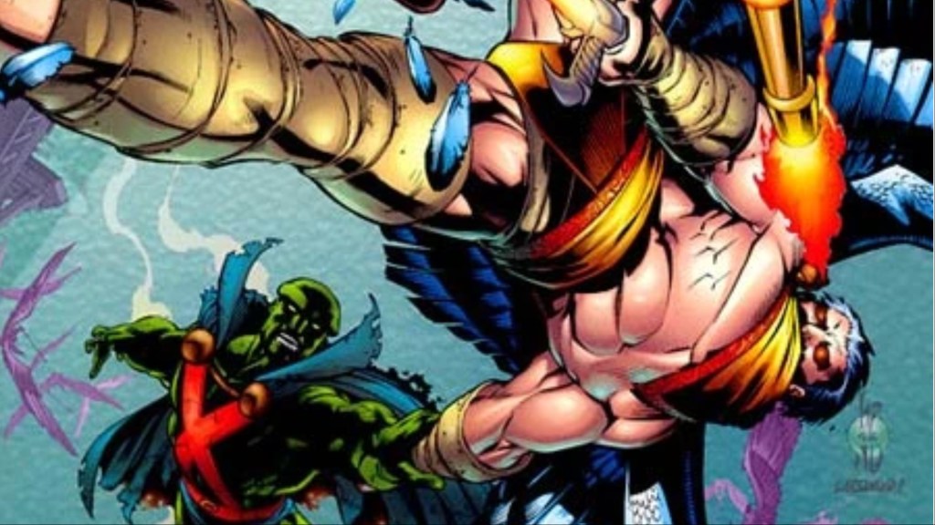Zauriel mit einer Feuerlanze im Gesicht mit dem Mars -Manhunter mit sich