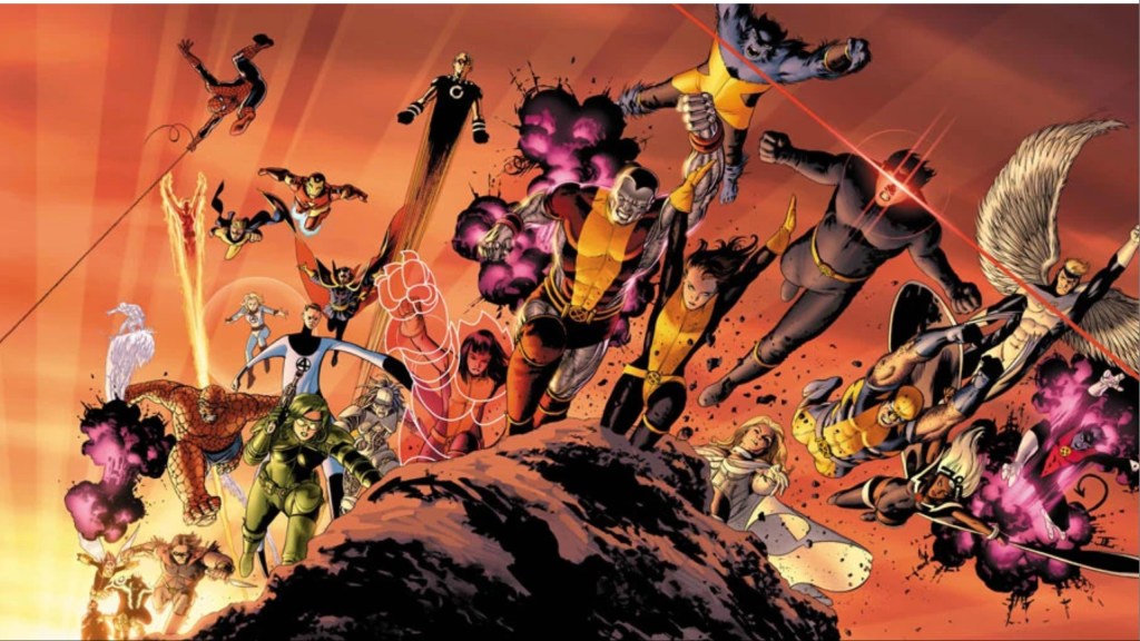 Cyclops leading the X-Men into battle along with Spider-Man and members of the Fantastic Four